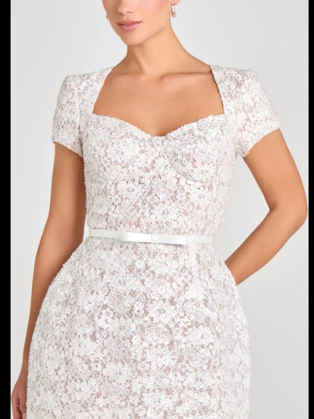NADINE MERABI Yasmin White Floral Lace sequin Fitted Bodice Dress